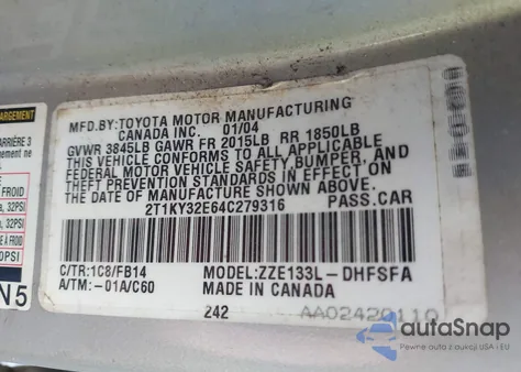 2004 Toyota Matrix Xrs из США, поврежденный, VIN 2T1KY32E64C279316